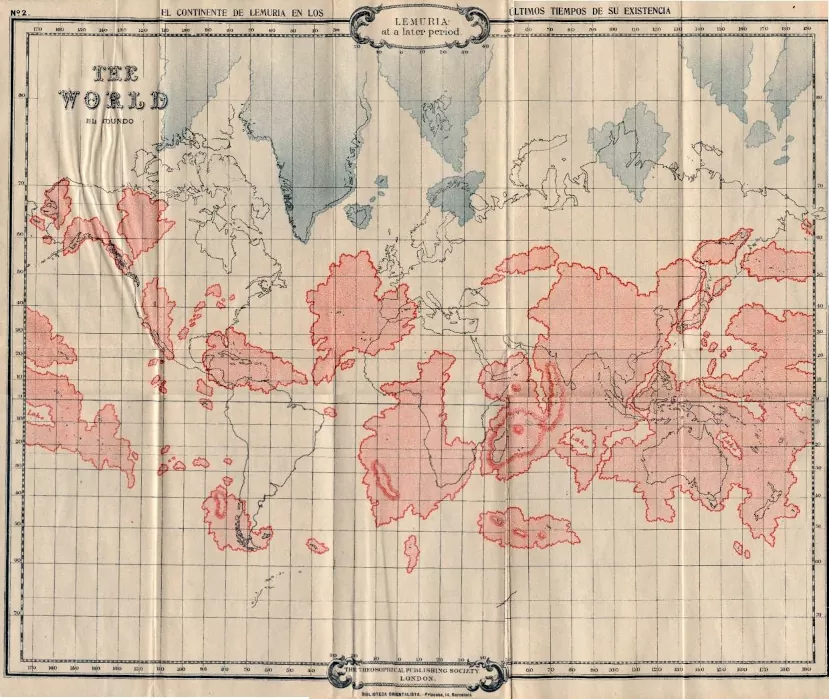 Остатки Гипербореи на севере (синие очертания) и Лемурии (красные очертания) на фоне современных континентов (серые очертания). Из книги «Лемурия — исчезнувший континент» Уильяма Скотт-Эллиота