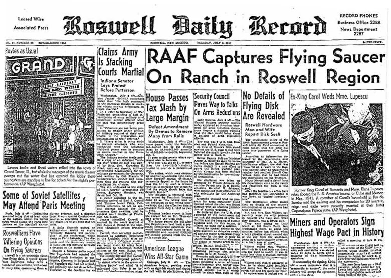Газета Roswell Daily Record от 8 июля 1947 года, в которой сообщается о «захвате» «летающей тарелки»
