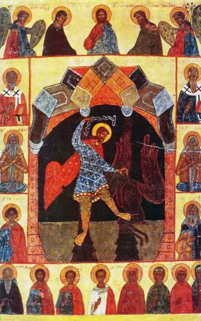 Никита, побивающий беса, с Деисусом и избранными святыми. Икона XV века