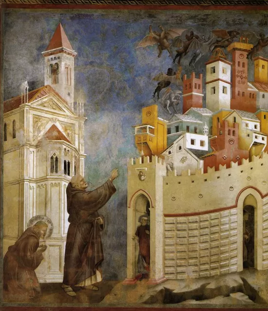Святой Франциск Ассизский совершает экзорцизм против дьяволов Ареццо, фреска Джотто