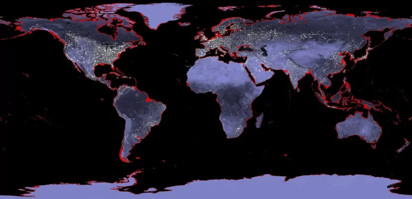 Карта затопления земли при повышении уровня океана на 6 метров (выделено красным)