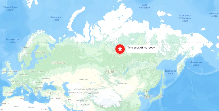 Место падения тунгусского метеорита на карте мира